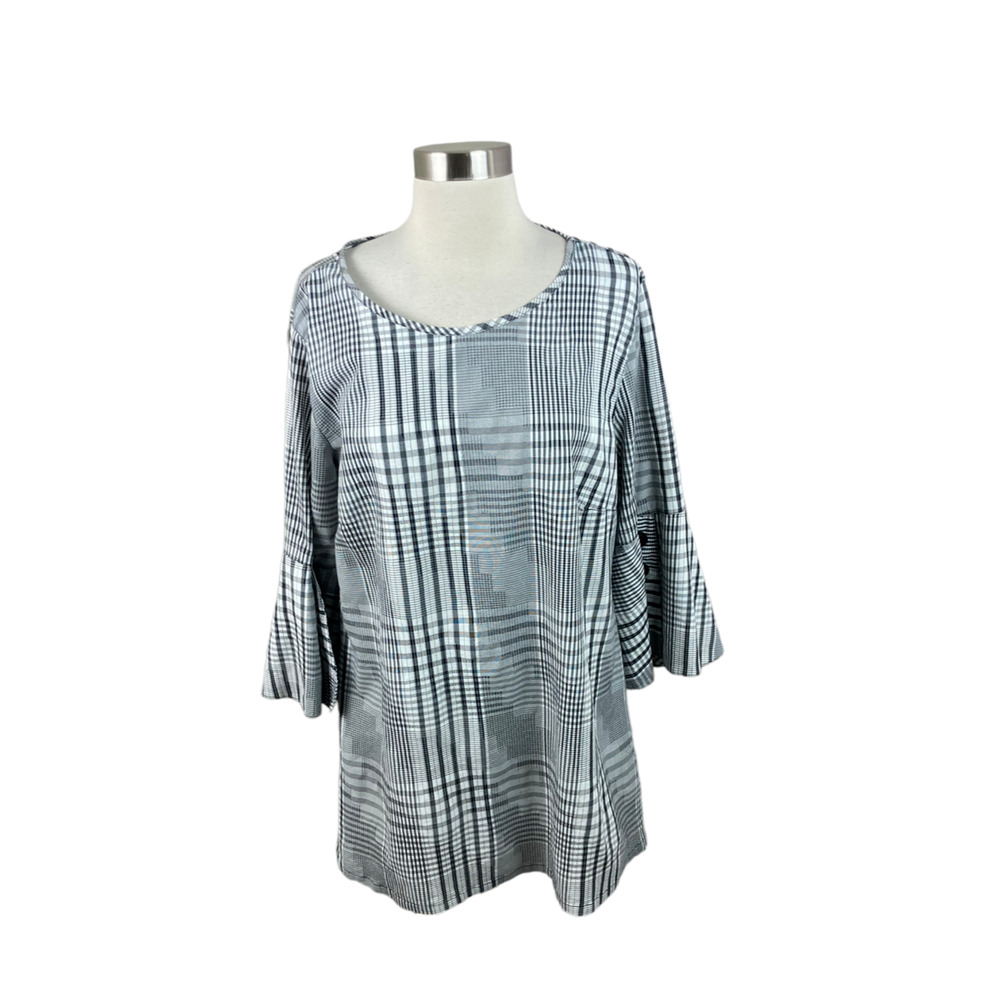 Ali Miles L Black White Plaid 3/4 Sleeve Tunic Blouse